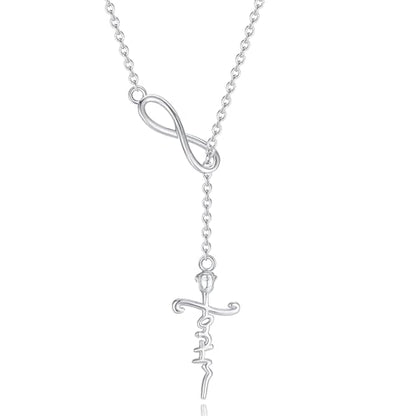 FANCIME White Gold Plated 925 Sterling Silver High Polished Infinity Cross Pendant Lariat Necklace Y Necklace Gift for Women, 18" - color: Faith