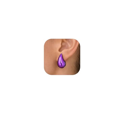 14K Gold Clip On Earrings Women,Teardrop Chunky Detachable Hoop Clip-On Earrings for Non Pierced Ears Hypoallergenic Lightweight Earring Clips - color: Purple Gold