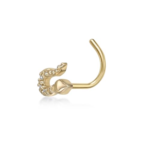 Lavari Jewelers 20 Gauge Curved Screw Nose Stud for Women - 14k Yellow Gold Cubic Zirconia Nose Ring for Her - CZ Unisex Hypoallergenic Nostril Piercing Jewelry - 20G Body Piercing for Men - style: Snake