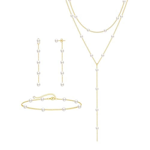 Zeffy Gold Pearl Necklace for Women, Dainty 14K Gold/Silve Plated Layered Pearl Choker Pearl Earrings Pearl Bracelets Wedding Trendy Gold Jewelry Set for Women Gifts - style: Gold Pearl Y Necklace&Drop Earrings&Bracelet-3PCS