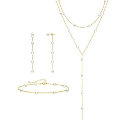 Zeffy Gold Pearl Necklace for Women, Dainty 14K Gold/Silve Plated Layered Pearl Choker Pearl Earrings Pearl Bracelets Wedding Trendy Gold Jewelry Set for Women Gifts - style: Gold Pearl Y Necklace&Drop Earrings&Bracelet-3PCS