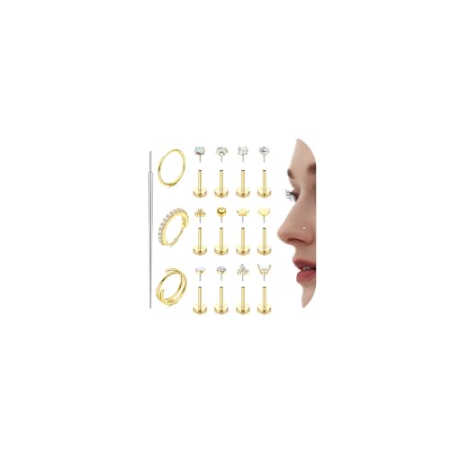 THUNARAZ 14K Gold Nose Rings Studs for Women Men Surgical Steel Threadless Push in Nose Piercings Flat Back Hypoallergenic Gold Nose Ring Hoop Stud Cartilage Tragus Conch Lip Helix Piercing Jewelry Gold/Silver 18G 20G - color: 14K Gold Plated, size: 18G 6