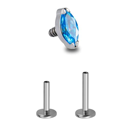 1PC Tragus Conch Helix Flat Labret Piercing Jewelry 16G 6mm 8mm - ASTM F136 Titanium Cartilage Earring Flatback Stud, Implant Grade Internally Threaded Hypoallergenic Body Jewelry (Clear CZ) - color: Blue Marquise CZ - Tit
