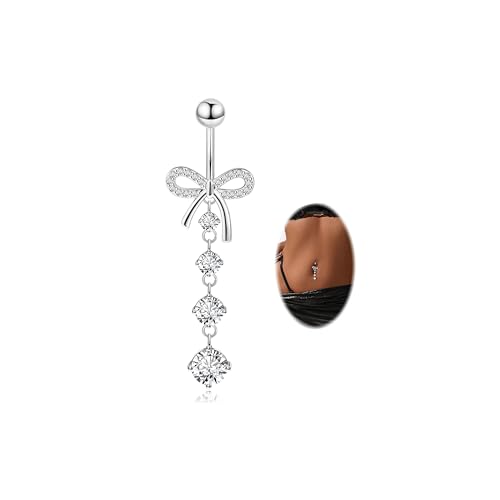 REVOLIA 14G F136 Titanium Dangle Belly Button Ring for Women Dangling Navel Ring Hypoallergenic Belly Ring Externally Threaded Barbell CZ Bow Navel Piercing Jewelry - color: Silver