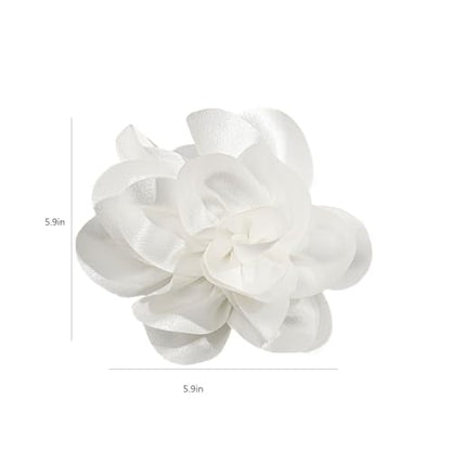 Large Rose Flower Brooches Chiffon Camellia Brooch Lapel Pins Hair Clips Hat Pins for Women Wedding Banquet Accessories Large Satin Flowers 5.5in - color: White