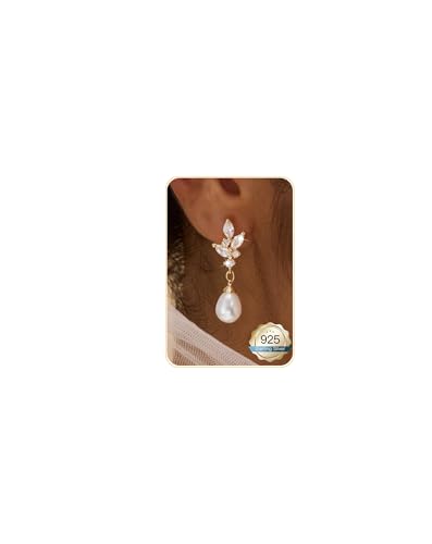14K Gold Plated/Sterling Silver CZ Pearl Drop Dangle Earrings for Women - color: Gold-Pearl with CZ