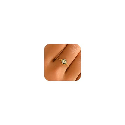 925 Sterling Silver Adjustable Link Chain Rings for Women Daughter | Dainty 14k Gold Plated Evil Eye/Cross/Flower Ring Sparkly Twist Rope with Bead Dangle Stackable Ring Jewelry Birthday Gifts - color: Style 7-Gold