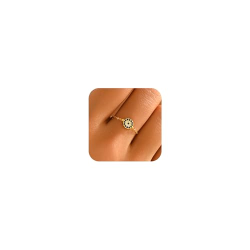 925 Sterling Silver Adjustable Link Chain Rings for Women Daughter | Dainty 14k Gold Plated Evil Eye/Cross/Flower Ring Sparkly Twist Rope with Bead Dangle Stackable Ring Jewelry Birthday Gifts - color: Style 7-Gold