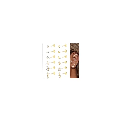 TEN MIRO Flat Back Stud Cartilage Earring for Women Tragus Piercing Jewelry | 16G 18G 20G Hypoallergenic Earrings, Gold Silver Surgical Steel Nose Studs Internal Thread Conch Ring, Helix Piercing Jewelry - color: Gold, size: 18G(1.0mm),6mm