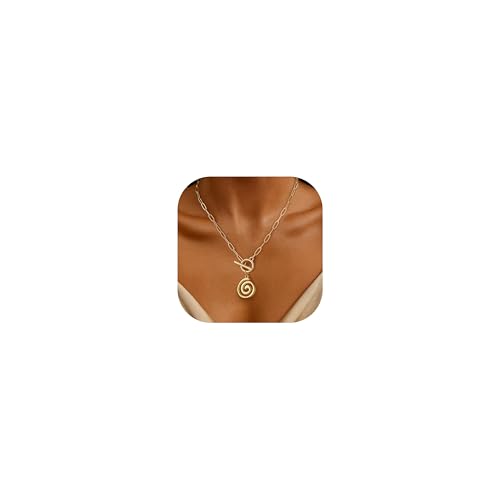Chunky Gold Necklace for Women Trendy Non Tarnish 14K Gold Plated Paperclip Chain Charm Necklaces Chunky Heart Cross Clover Pearl Pendant Necklace with Toggle Clasp Statement Jewelry Gift for Women - color: E-Spiral