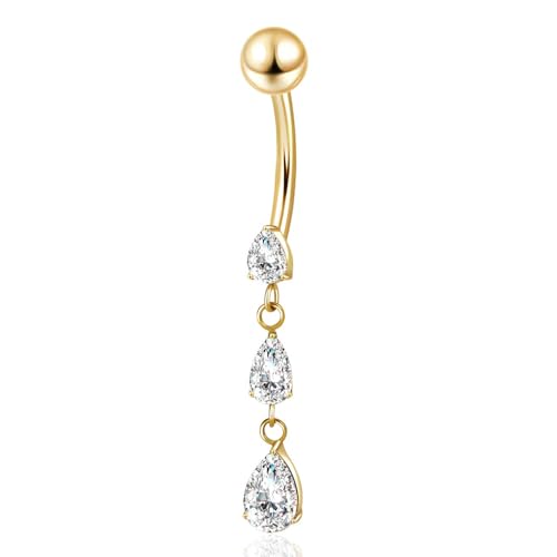 Gold Belly Button Ring, Titanium Dangle Floating Navel Piercing Jewelry - color: Gold-Dangle-10mm