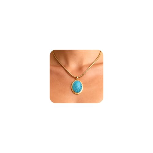 Sonateomber Gold Stone Pendant Necklace for Women, Chunky Statement Dainty Heart Oval Natural Gemstone Dangle Necklaces Wedding Prom Accessories Fashion Jewelry Gift - color: Blue Turquoise