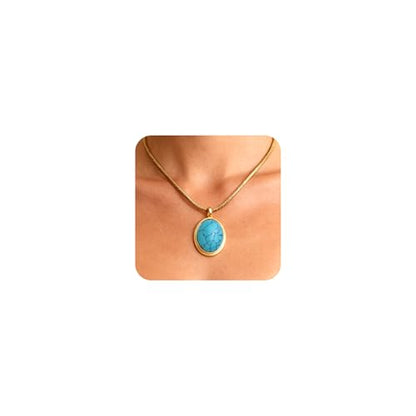 Sonateomber Gold Stone Pendant Necklace for Women, Chunky Statement Dainty Heart Oval Natural Gemstone Dangle Necklaces Wedding Prom Accessories Fashion Jewelry Gift - color: Blue Turquoise