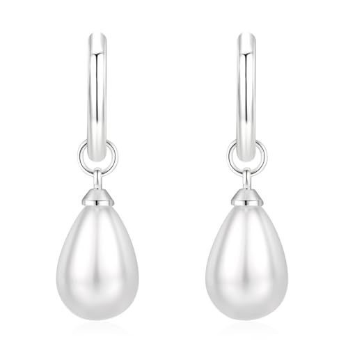 14k Gold Plated Lightweight Pearl Earrings,Trendy Jewelry,Teardrop Hoop Earrings for Women,Pearl Drop Earrings,Elegant Jewelry for Gifts - color: Circle Pearl Silver
