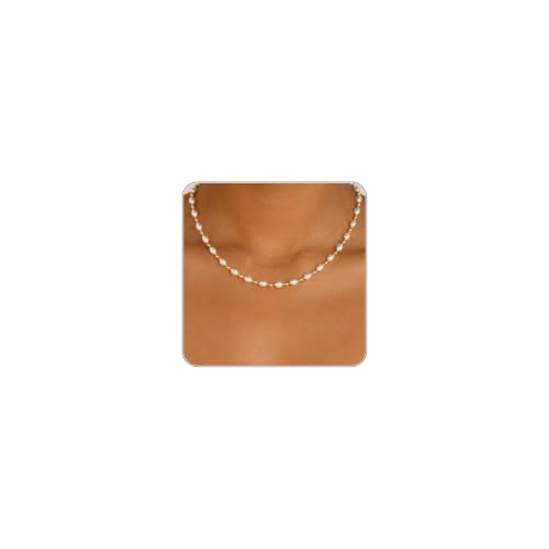 Pearl Necklaces for Women Trendy, Dainty Beaded Choker Necklace, 14K Gold Plated Station Chain, Simple Layering Wedding Prom Jewelry Gift - color: Gold Pearl Beaded Station