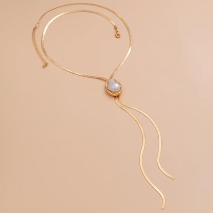 FUTIMELY Dainty Long Gold Necklace for Women,Thin Herringbone Chain Necklace,Long Lariat Necklace Body Jewelry - color: Pearl Gold