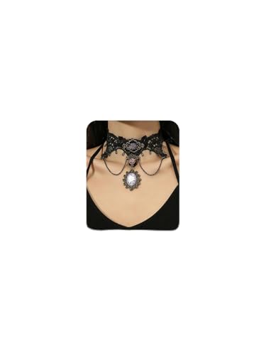 Lace Choker Necklace for Women Tassel Pendant Choker Necklaces Elegant Boho Collar Necklaces Statement Artistic Chain Necklace with Pearl Halloween Party Cosplay Costume Jewelry - color: Black Lace Flower