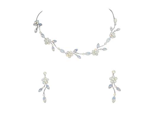 Faship Gorgeous Rhinestone Crystal Floral Necklace Earrings Set - color: White Opal