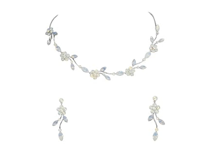 Faship Gorgeous Rhinestone Crystal Floral Necklace Earrings Set - color: White Opal