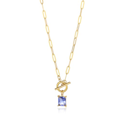 Diamond Necklaces for Women Natural Stone Paperclip Toggle Necklace 14K Gold Plated Emerald Birthstone Necklace for Women Paper Clip Chain Blue Green Cubic Zirconia Pendant Birthday Gifts for Women Mother Jewelry - color: 09. September(Sapphire)