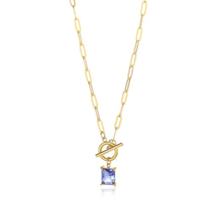 Diamond Necklaces for Women Natural Stone Paperclip Toggle Necklace 14K Gold Plated Emerald Birthstone Necklace for Women Paper Clip Chain Blue Green Cubic Zirconia Pendant Birthday Gifts for Women Mother Jewelry - color: 09. September(Sapphire)