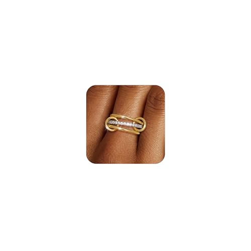 TLY Stackable Gold Rings for Women Interlocking Ring Stack Set non tarnish | 18K Gold Silver Plated Mixed Metal Statement Rings Waterproof Cubic Zirconia Fashion Connected Band Thumb Ring Size 4-11 - color: 04.Sonny set