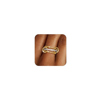 TLY Stackable Gold Rings for Women Interlocking Ring Stack Set non tarnish | 18K Gold Silver Plated Mixed Metal Statement Rings Waterproof Cubic Zirconia Fashion Connected Band Thumb Ring Size 4-11 - color: 04.Sonny set