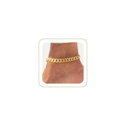 Ankle Bracelets for Women Waterproof 14K Gold/Silver Plated Chain Anklets | Trendy Gold Anklets,Layered 14K Gold Plated Stackable Chunky Cuban Link Chain Anklet Bracelet Set,Summer Beach Jewelry Gift - color: 1 cuban-gd