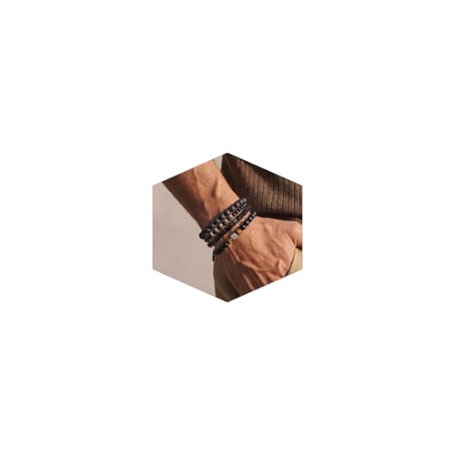 Flybar Men's 4 Piece Beaded Bracelet Set, Natural Lava Stone Black Onyx Matte Agate Tiger Eye, Stretchable Elastic Handmade Stackable - color: MK05 Rock Tiger eye Wood