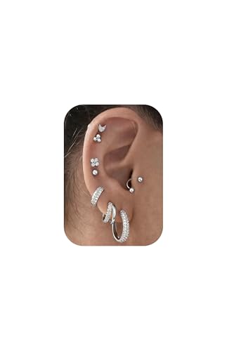 Nunpag 9 Pairs Hypoallergenic 14K Gold Plated Flat Back Earrings for Women Studs Earring Opal Ball Triangular Sun CZ Stones Hoop Earrings Stainless Steel Jewelry Gift for Sensitive Ears - color: 16Pcs-Silver