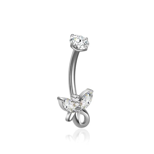 XUU Titanium Belly Button Rings 14G, Implant-Grade Navel Piercing, Luxury CZ Shape with Flower Butterfly, Hypoallergenic Curved Barbell Jewelry for Women, Gold or Silver - style: Butterfly Tail-Silver