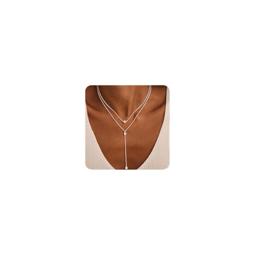14K Gold Plated Layered Lariat Necklace for Women - Waterproof Non-Tarnish Dainty Gold Chain Necklace, Long Boho Statement Jewelry for Wedding, Prom, Summer Vacation Gifts - color: Layered CZ Y Necklace-Silver