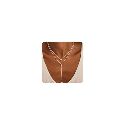 14K Gold Plated Layered Lariat Necklace for Women - Waterproof Non-Tarnish Dainty Gold Chain Necklace, Long Boho Statement Jewelry for Wedding, Prom, Summer Vacation Gifts - color: Layered CZ Y Necklace-Silver