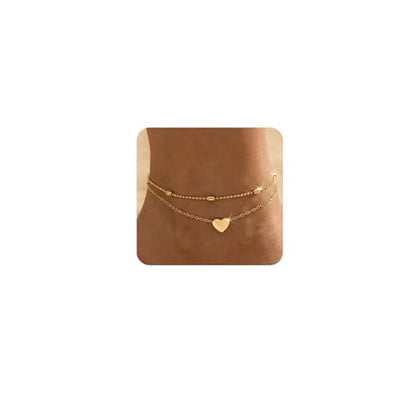 Dainty Anklets for Women, 14K Gold Plated & Sterling Silver Plated Ankle Bracelets, Adjustable, Waterproof & Hypoallergenic Summer Beach Foot Jewelry in Assorted Styles - style: 2 anklets heart gold