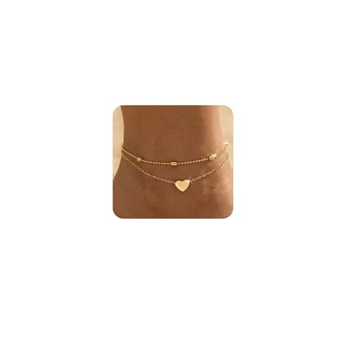 Dainty Anklets for Women, 14K Gold Plated & Sterling Silver Plated Ankle Bracelets, Adjustable, Waterproof & Hypoallergenic Summer Beach Foot Jewelry in Assorted Styles - style: 2 anklets heart gold
