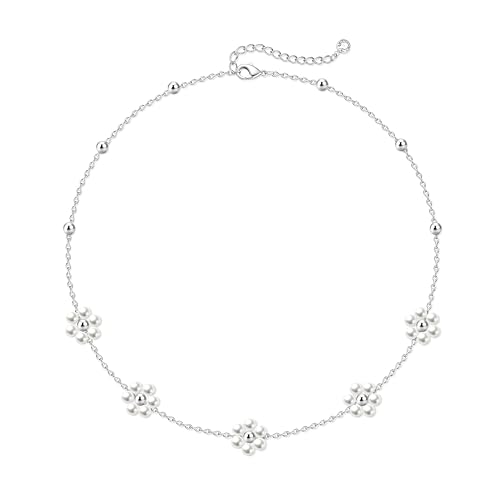 Zeffy Pearl Necklace 4MM/6MM/8MM Dainty Round Imitation Pearl Choker Necklace Wedding Pearl Necklace Delicate Jewelry for Women Simple Bridesmaid Jewelry Gifts - style: Silver Pearl Daisy Necklace(15"+2")