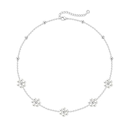 Zeffy Pearl Necklace 4MM/6MM/8MM Dainty Round Imitation Pearl Choker Necklace Wedding Pearl Necklace Delicate Jewelry for Women Simple Bridesmaid Jewelry Gifts - style: Silver Pearl Daisy Necklace(15"+2")