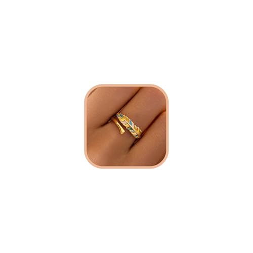 LOVECOM 14k Gold Plated Colorful Enamel Feather Rings for Women 925 Sterling Silver Adjustable Animal Feather Western Wrap Ring Cute Open Finger Thumb Ring Jewelry Birthday Gifts to Daughter