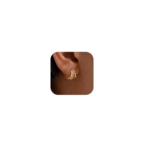 Gold Earrings for Women, Dainty Triple Huggie Earrings 14K Gold Plated Small Hoop Earrings for Women Trendy Cute Hypoallergenic Stud Earrings Unique Double Hoops Waterproof Womens Jewelry Gifts - color: gold plated-B