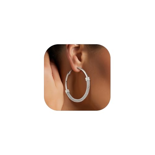 KeyStyle 4mm Chunky Hoop Earrings for Women,Gold/Black/Silver Hoop,20-80mm | Stainless Steel Hoop,Hypoallergenic Hoop for Sensitive Ears,Non-Tarnish,Lightweight,Classic Trendy Statement Jewelry for Her - color: Silver, size: 50mm
