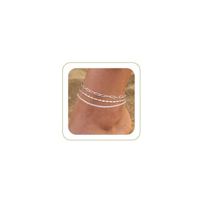 Robaice Ankle Bracelets for Women, 14K Gold Plated/Silver Layered Anklets | Waterproof Adjustable Anklet for Women, Summer Beach Anklet, Glitter Jewelry for Women Gifts - color: Silver-3