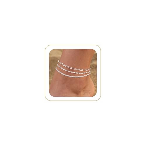 Robaice Ankle Bracelets for Women, 14K Gold Plated/Silver Layered Anklets | Waterproof Adjustable Anklet for Women, Summer Beach Anklet, Glitter Jewelry for Women Gifts - color: Silver-3