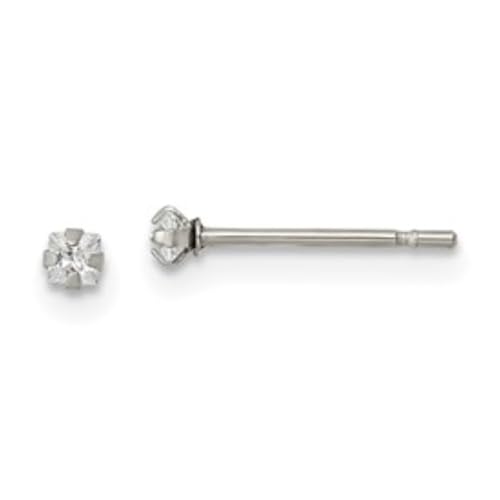 Stainless Steel Polished 2mm Square Cubic Zirconia Stud Earrings | Length- 0.1 in Width-0.11 in