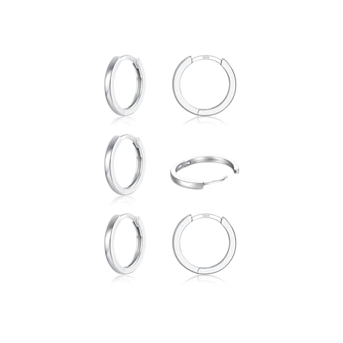 3 Pairs 925 Sterling Silver Small Huggie Hoop Earrings for Women Men | 14K White Gold Plated, Hypoallergenic, Small Silver Hoops - color: M-Silver 3Pairs 6mm