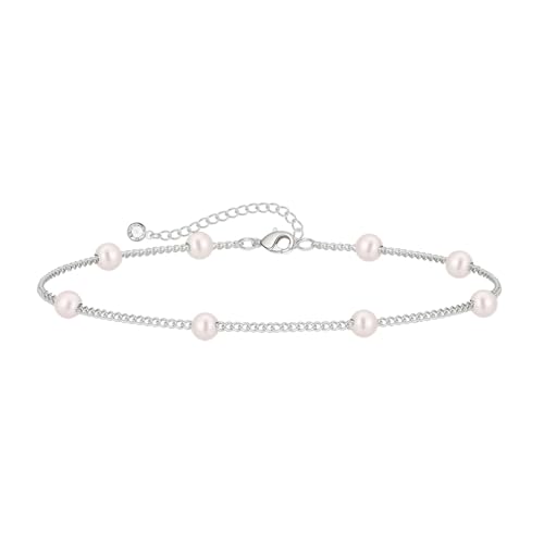 BERISO Gold/Silver Pearl Bracelets - 14K Gold Plated Dainty Pearls Beaded Chain Heart Bracelets - style: Pearl-Silver