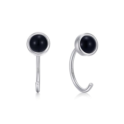 CHIC & ARTSY 925 Sterling Silver Half Hoop Earrings for Women, Dainty Huggie Hoops with Synthetic Opal, Moonstone, CZ & Gemstones, Lightweight Comfort Fit Everyday Elegant Jewelry - color: Synthetic Black Onyx /Silver