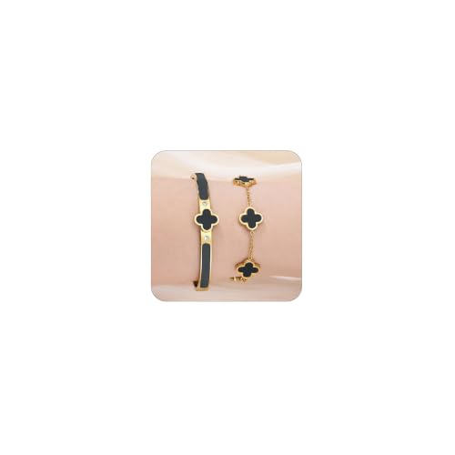 Gold Clover Bangle Bracelets for Women Men 2pcs Bracelet Stack | 18K Gold Plated Stainless Steel Non Tarnish,Chunky Black and White Jewelry,Four Leaf Clover Bracelet Bangles gifts for women - color: Gold-Black Set