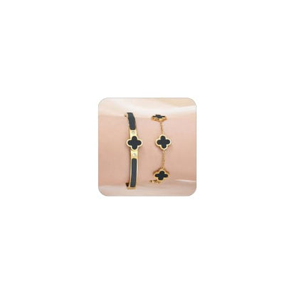 Gold Clover Bangle Bracelets for Women Men 2pcs Bracelet Stack | 18K Gold Plated Stainless Steel Non Tarnish,Chunky Black and White Jewelry,Four Leaf Clover Bracelet Bangles gifts for women - color: Gold-Black Set