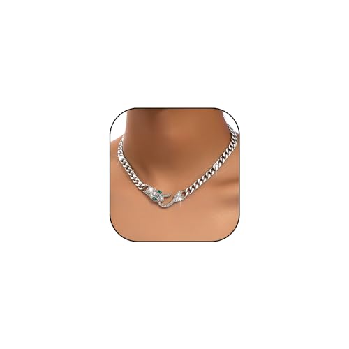 Punk Animal Snake Choker Necklace Hip Hop Rhinestone Snake head Cuban Link Chain Necklace Chunky Cuban Chain Crystal Jewelry for Women Gifts - color: Style B Silver