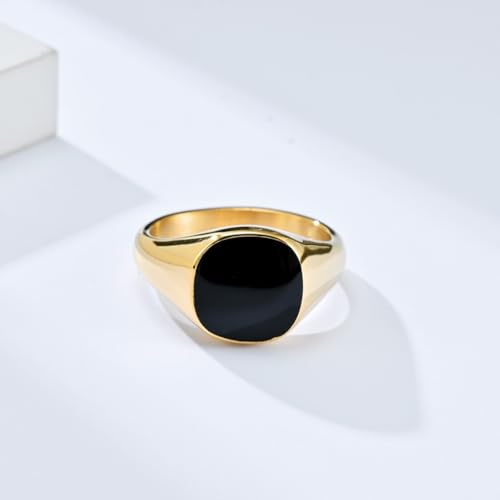 PAMTIER Stainless Steel Square Gemstone Inlaid Signet Rings for Women Men Classic Simple Band Minimalist Jewelry Gift - color: Gold